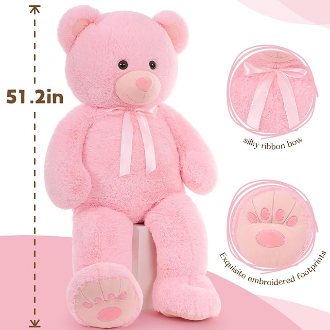 MorisMos Giant Teddy Bear, 51in Life Size Cuddly Plush for Baby Shower, Birthday, Valentine (Pink)
