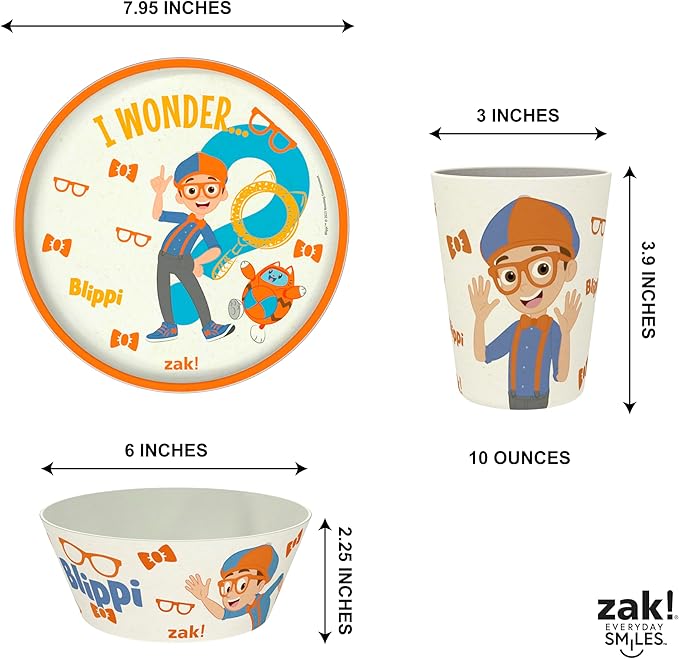 Zak Designs Blippi Kids Dinnerware Set 3 Pieces, Durable and Sustainable Melamine Bamboo Plate, Bowl, and Tumbler are Perfect For Dinner Time With Family (Blippi, TABBS)
