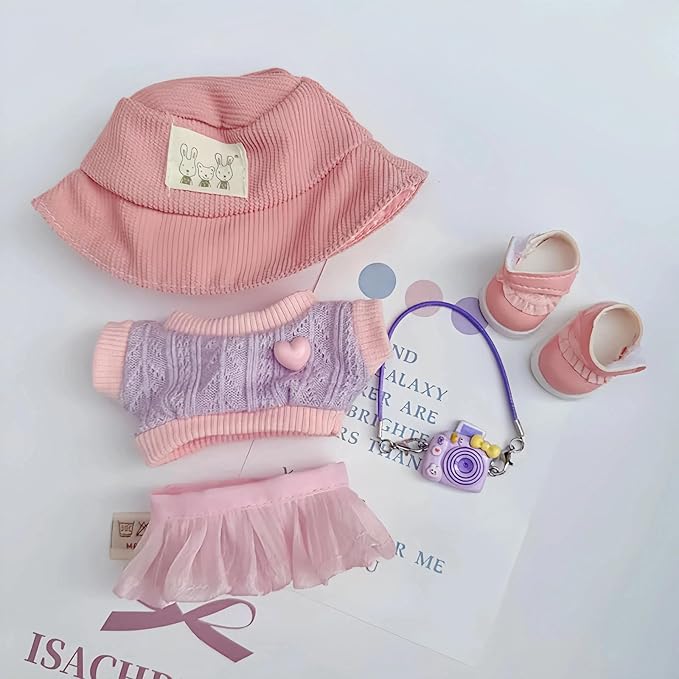 17cm Doll Clothes Set (Doll Not Included) Stylish Kawaii Pink Outfit Set 5 Pieces Chic Fashion with Stylish Accessories for Mini Dolls