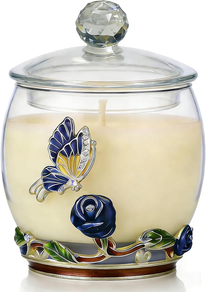 Scented Candles Gifts for Women - Enamel Butterfly & Blue Rose Decorative Glass Jar with Faceted Crystal Lid, Special Candle for Friend Mom Sister Friend, Unique Birthday Mother's Day Christmas Gift