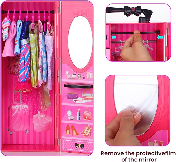 Vueos 157 Pcs Doll Clothes and Accessories with Doll Closet for 11.5 Inch Girl Dolls Including Shoes Rack Wedding Dress Fashion Dress Swimsuits Tops and Pants Hangers Glasses Necklace Bags Shoes
