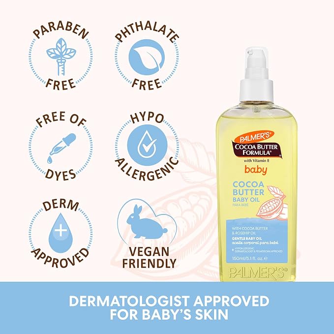 Palmer's Cocoa Butter Formula Gentle Baby Oil, 5.1 fl oz, Nourishing for Delicate Skin, Vitamin E Baby Essentials