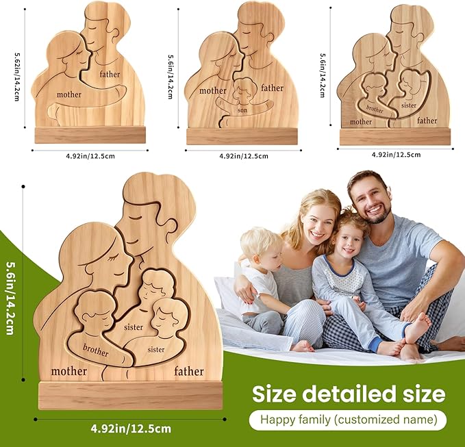 Personalized Wooden Family Puzzle with 2-5 Names - Custom Hugging Art Figurine for Rustic Home Decor - Unique for Mom Dad & Kids (Family of 3 to 5)