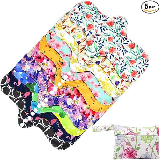 Reusable Menstrual Pads - Bamboo Charcoal Menstrual Heavy Incontinence Pads |Sanitary Pads - Pack of 5, 1 Cloth Mini Wet Bag