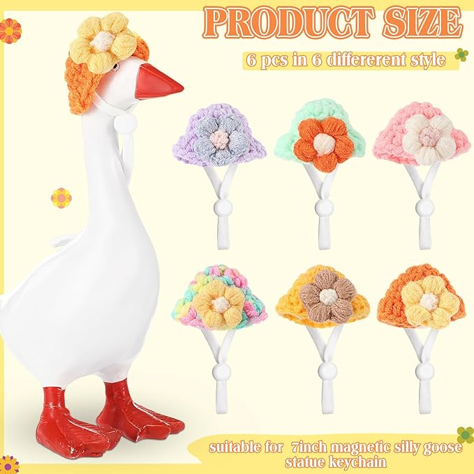 Geyoga 6 Pcs Mini Knitted Hats 7 Inch Goose Outfits Hat with Adjustable Strap Mini Porch Goose Headwear for Statue Key Holder