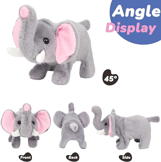 Hopearl Walking Elephant Interactive Crawling Elephish Electronic Plush Toy Animated Gifts for Toddlers Birthday, Gray, 9''