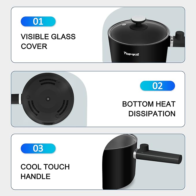 Topwit 1.5L Hot Pot Electric, Portable Ramen Cooker, Non-Stick Frying Pan | BPA-free, Glass Lid, Overheat & Boil-dry Protection, Electric Pot for Pasta, Steak, College Dorm Office Travel Essentials