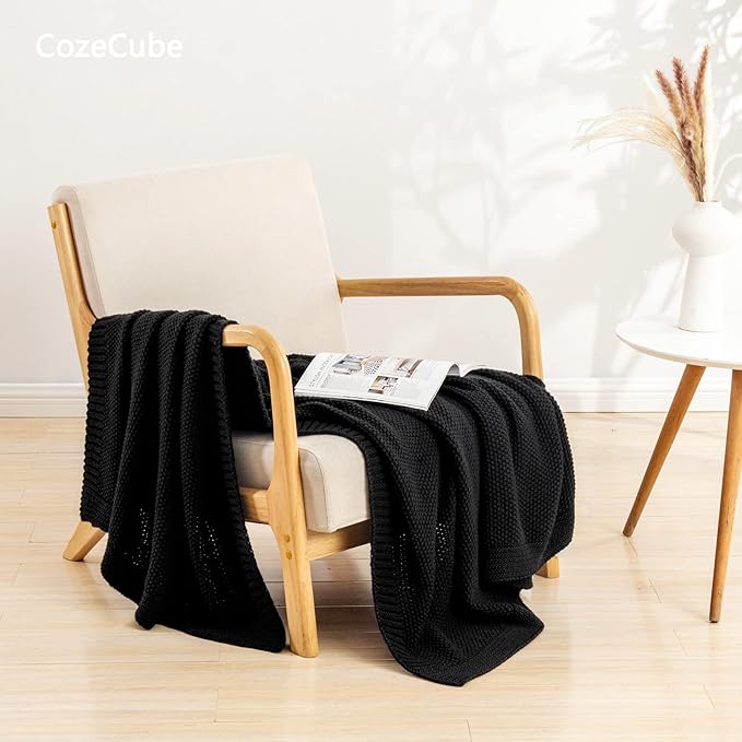 CozeCube Jet Black Seed Stitch Throw Blanket 60"x80", Farmhouse Decor | Blanket for Couch, Soft Cozy Cable Knit Throw for Bed Sofa Living Room, Lightweight Warm Decorative Christmas Blanket