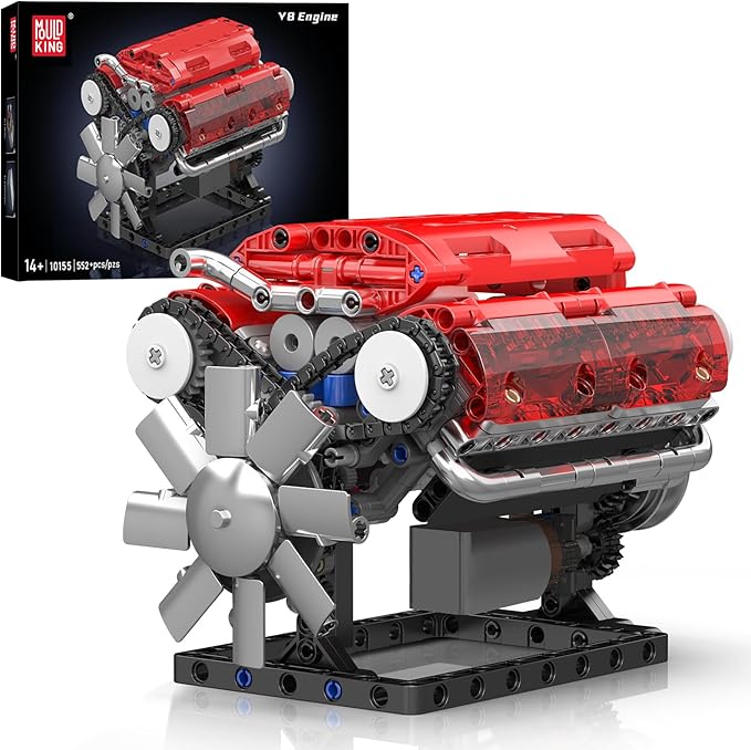 Mould King V8 Engine Building Blocks Sets, 10155 Model Engines Kit That Runs, 8-Cylinder Sports Car Engine Build Kits for Adults with Battery and Motor, Construction STEM Toy(552 Pcs)