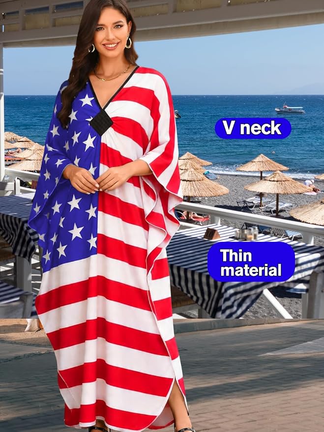 ChiaoLezhee Print Moo-Moos for Women, Kaftan Cover-Up Dresses, Sexy V-Neck High-Slit, Beach Pool-Party Coverups Muumuu Plus