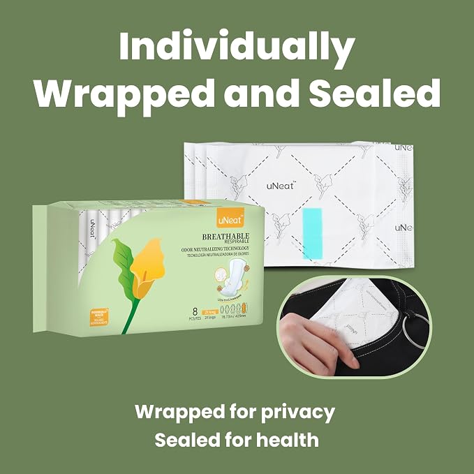 uNeat 2X Long with Wings Ultra Thin Sanitary Pads, Unscented, Eliminates Odor, Heavy Absorbency, Overnight, Individually Sealed (2X Long, 8 Count/Pack,2-Pack)