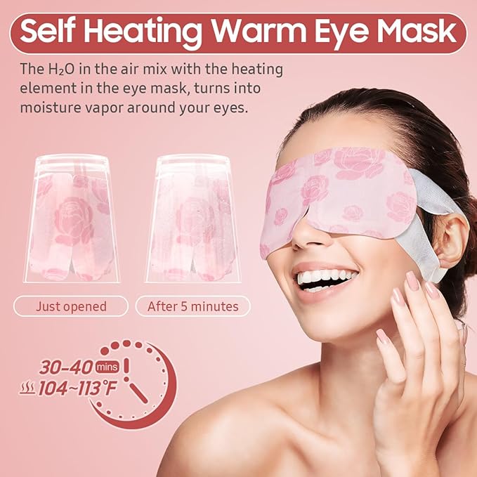 BeHoomi 20Packs Steam Eye Mask, Heated Eye Mask Warm Compress for Eyes, Disposable Self Heating Steam Mask for Sleep, Spa, Travel Essentials, Relaxation Gifts for Women, Mothers Day Gifts (Rose)
