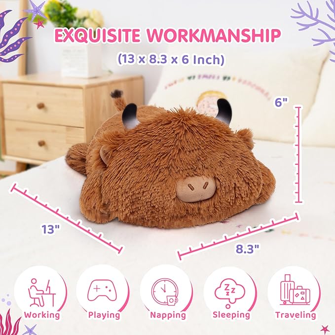 Cute Highland Cow Plush Pillow, Kawaii Plushies Highland Cow Stuffed Animals, Squishy Plushies, Cuddle Plush Pillow for Kids & Girls (13 Inch)