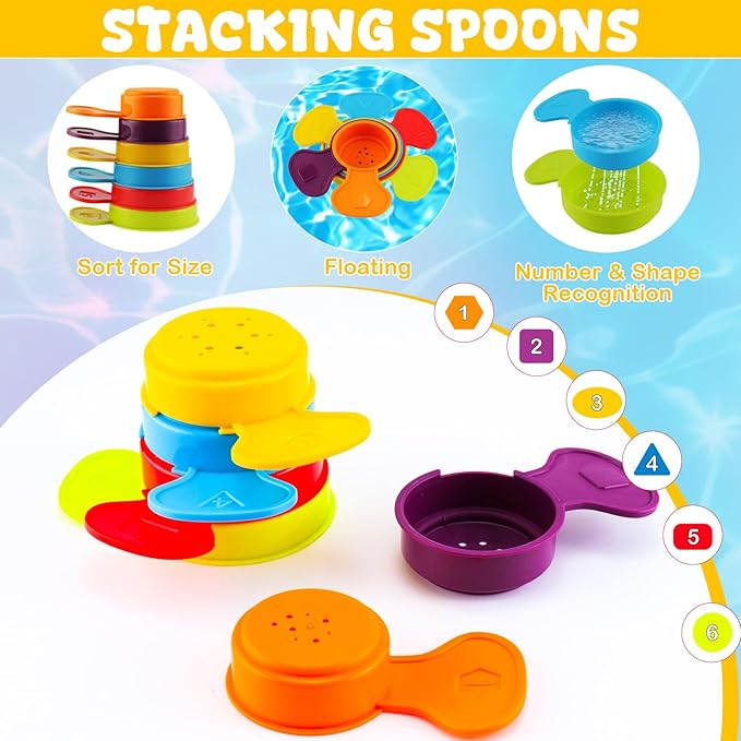 Baby Bath Toys for Kids Ages 1-3, 16 PCS Mold Free Bath Toys for Toddlers with Floating Boats,Watering Can,Water Cup Set& Bath Spoons, Bathtub Water Pool Toys for Babies and Toddlers