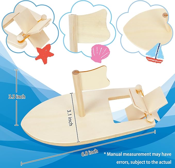 Amersumer 10 Pcs DIY Toy Wood Boat Craft Kits, Mini Wooden Sailboat Kits, Paddle Boats Paint and Decorate for School Projects, Make Your Own Sailboat Craft