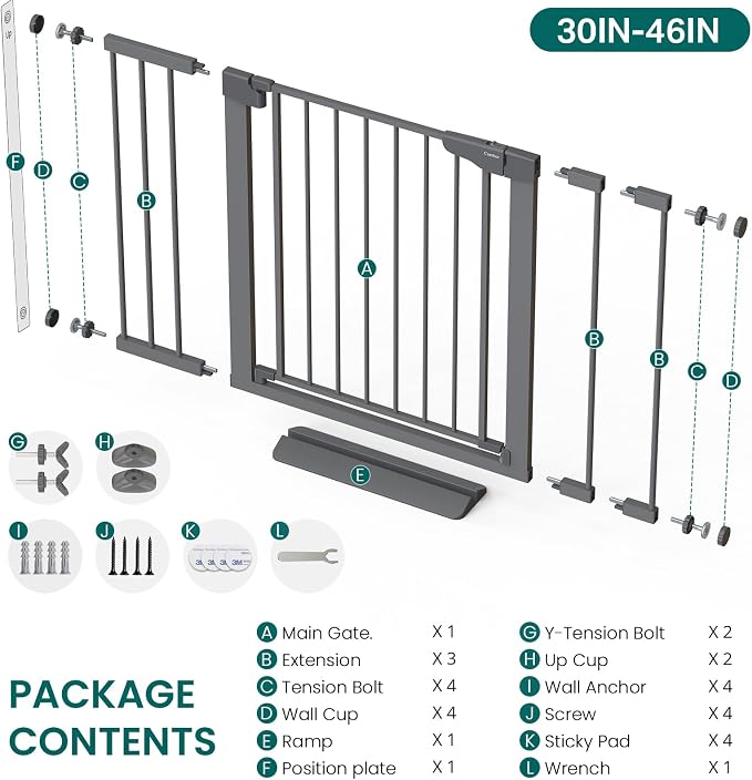 Cumbor 30-46" Baby Gate for Stairs, Auto-Close Dog Gate Indoor, Mom's Choice Awards Winner-Easy Install Pressure Mounted Pet Gates for Doorways, Dual Lock Safety Proofing for Babies & Pets, Cool Gray
