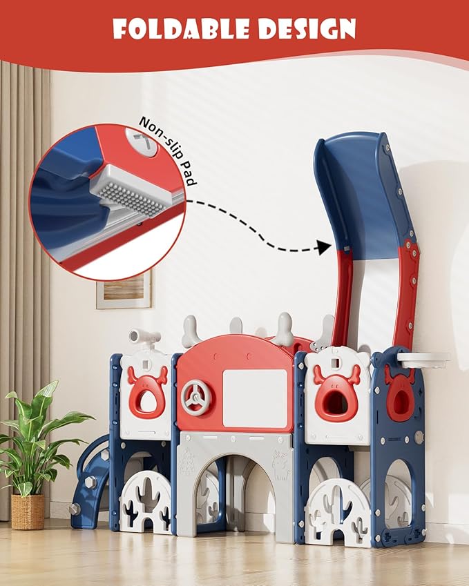 XJD 13 in 1 Toddler Slide Set, Kids Slide for Toddlers Age 1+, New Upgrade with Golf Set, Basketball Hoop, Drawing Board for Indoor Outdoor Playset, Birthday Gifts for Toddler (Blue Red)