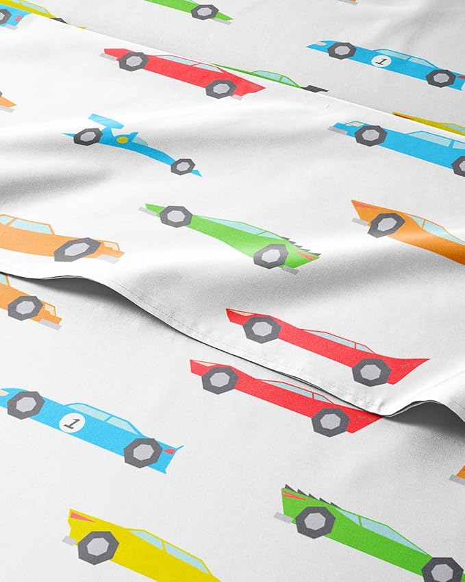 Kids Twin Size Bed Sheet Set - 3 Piece Kids Loft Bed Sheets - Car Racing Themed Bedding - Soft, Cute and Cozy - Breathable & Machine Washable - Cartoon Racing Bed Set for Boys, Girls, Teens & Toddlers