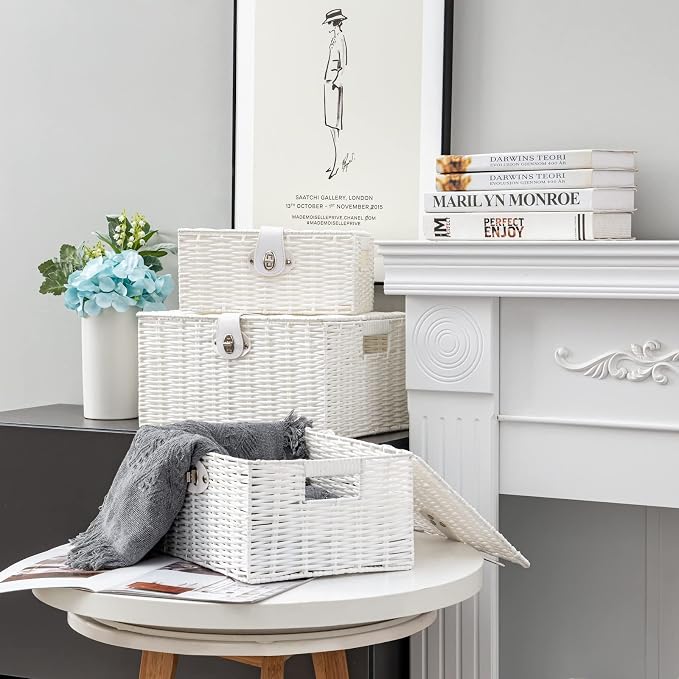 Set of 3 Woven Wicker Storage Basket Box with Lids & Lock, Built-in Carry Handles, Multifunctional Storage Organizer for Nursery, Baby, Clothes, Toys, Books, Large/Medium/Small Size (White)