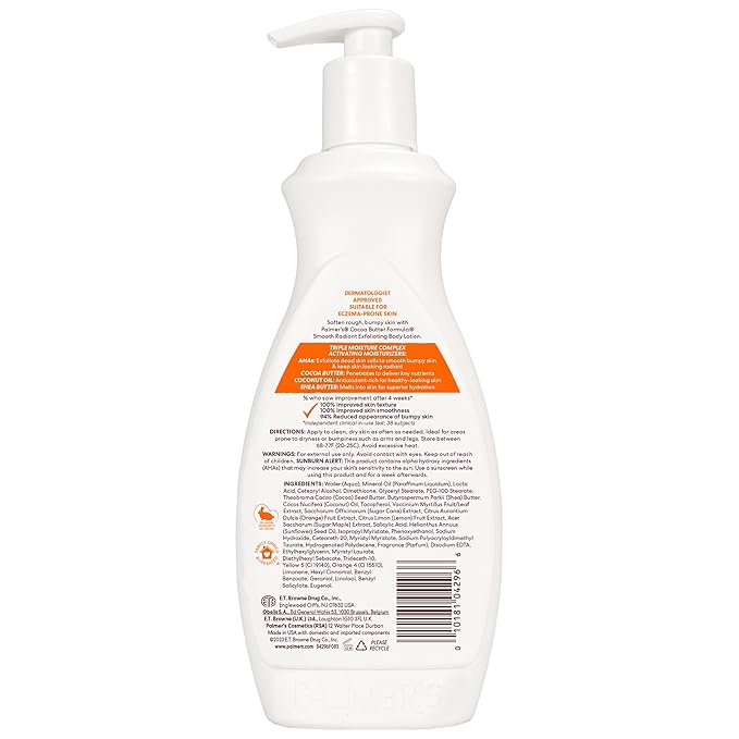 Palmer's Cocoa Butter Formula Retexture & Renew Exfoliating Body Lotion for Rough & Bumpy Skin, Triple Action Moisturizers + AHAs, Pump Bottle, 13.5 Ounce