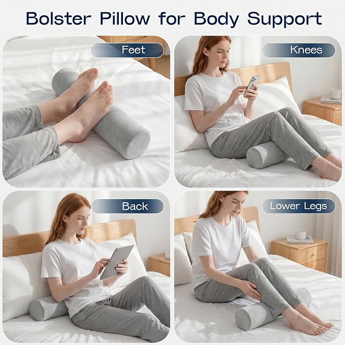 Neck Roll Pillow, Memory Foam Neck Support Pillows, Round Neck Pillows, Cylinder Bolster Pillows for Bed, Couch, and Yoga, Removable Washable Cover,18 * 4 * 4 inch (Small,Grey)