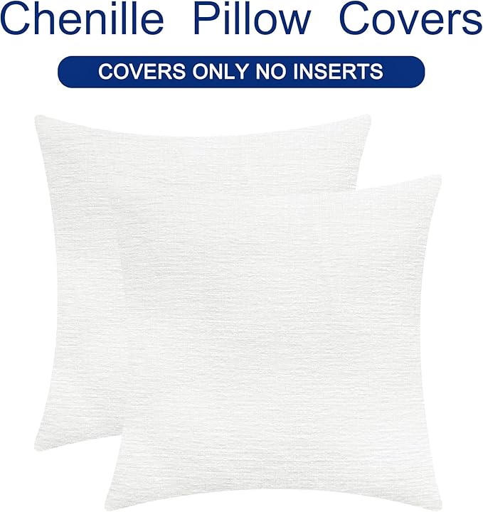 CaliTime Decorative Couch Throw Pillow Covers 24 X 24 Inches True White | Pack of 2, Cozy Chenille Cushion Cases for Sofa Bed Living Room Farmhouse Home