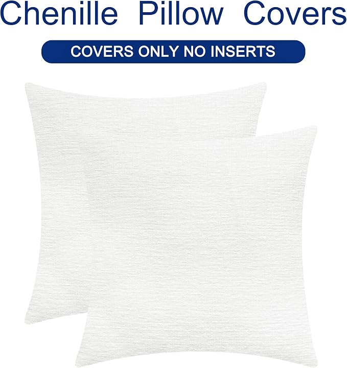 CaliTime Decorative Couch Throw Pillow Covers 20 X 20 Inches True White | Pack of 2, Cozy Chenille Cushion Cases for Sofa Bed Living Room Farmhouse Home