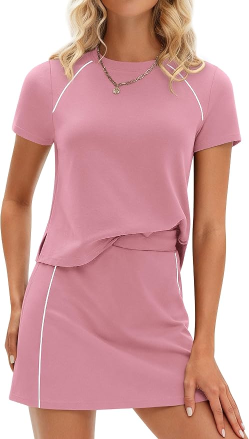 PRETTYGARDEN Women's 2 Piece Skirt Sets Matching Clothing | Short Sleeve Shirts,Color Block Tops,Mini Skirts with Shorts Pockets,Skort Set,Workout Active Wear,Tennis Golf,Summer Outfits