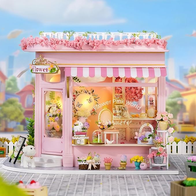 Foyucool DIY Miniature House Kit, Dollhouse Kit with LED Light, Mini House Building Kits for for Adult to Building, Christmas Home Decorations Gifts for Family and Friends, Pink World