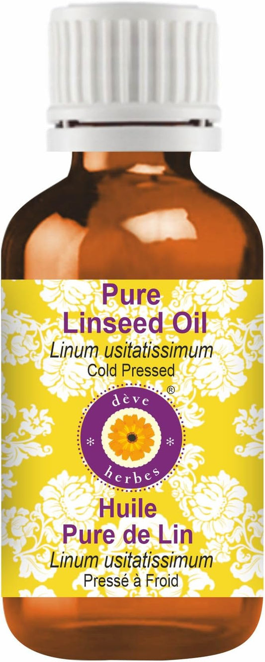 Deve Herbes Linseed Oil (Linum usitatissimum) | Cold Pressed | Pure | Natural | Undiluted | for Diluting Essential Oils | for Skin & Massage | Non-Sticky| Lightweight| Men & Women | 100ml (3.38 oz)