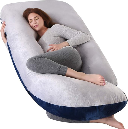 U-Shaped Full Body Pregnancy Pillow for Sleeping – 57" Maternity Pillow with Removable Cover, Support for Back, Legs, Belly & Hips (Velvet-Blue and Grey)