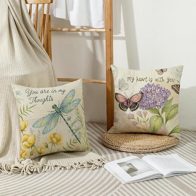 wyooxoo Throw Pillow Covers 16x16 Set of 4 Spring Summer Pillow Covers Linen Flower Butterfly Farmhouse Pillowcases for Sofa Couch Living Room Outdoor