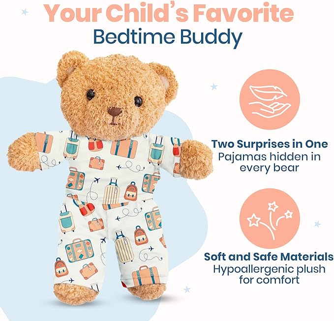 Zip N' Bear Soft Plush Teddy Bear Stuffed Animal with Carry On Cubs Pajamas - Zippy The Bear Cute Cuddly Plush Toy, Perfect Sensory Teddy for Kids, Toddlers - Adorable Gift & Bedtime Companion