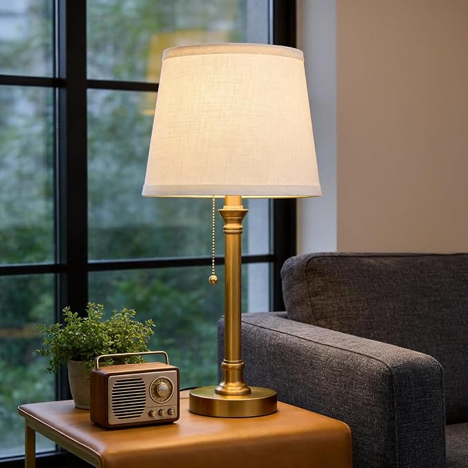 Oneach Modern Gold Brass Table Lamp Set of 2 for Bedroom Living Room 19.5'' Traditional Bedside Desk Nightstand Buffet Candlestick Samll Lamps with White Drum Shade