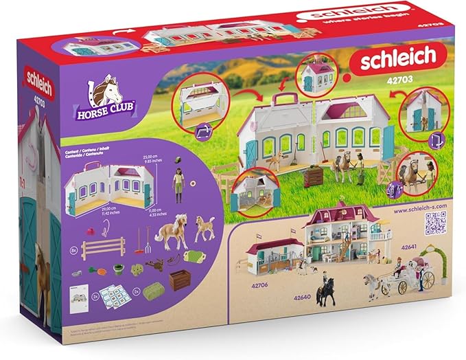 Schleich Horse Club - 60PC Little Horseshoe Open Stable Playset - Easy Carry Set with 2 Horse Figurines, Action Figure, Stable and Accessories - Toy Horses for Girls and Boys - Kids Ages 4+ | 42703