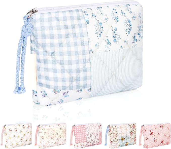 Quilted Mini Makeup Bag, Cotton XS Small Cosmetic Pouch for Purse | Blue Floral, Daily Use, Travel for Organize Coins, Cards, Chapstick, Panty Liners, Tampo, Gift for Birthday, Christmas, Party
