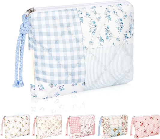 Quilted Mini Makeup Bag, Cotton XS Small Cosmetic Pouch for Purse | Blue Floral, Daily Use, Travel for Organize Coins, Cards, Chapstick, Panty Liners, Tampo, Gift for Birthday, Christmas, Party