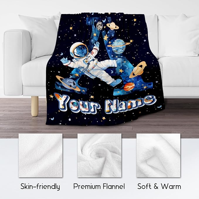 Personalized Boys Blanket for Planet Lovers - Planet Blankets Gifts for Kids - Custom Initial Throw for Son - 40"x50" Monogram Gift with Name for Couch, Sofa