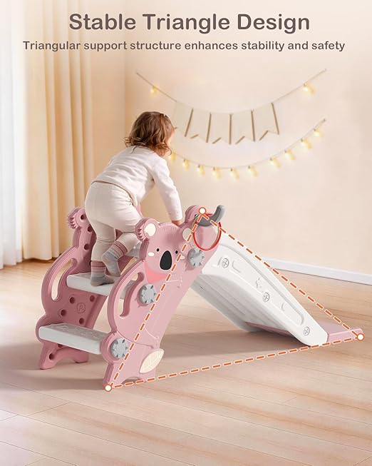 Babytronic Toddler Slide Indoor & Outdoor Playground, 4-in-1 Baby Slide with Climber, Basketball Hoop & Ring Toss, Foldable Freestanding Kids Slide, Climber Playset for Toddlers Ages 1-3, Pink
