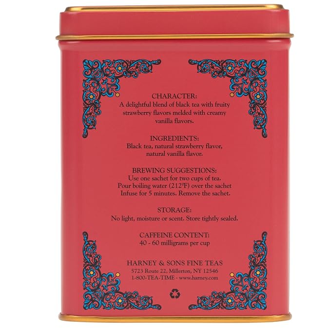 Harney & Sons Strawberry Tea Bags – Strawberry Vanilla Black Tea, Premium Pyramid Sachets, Hot or Iced Fruity Tea, 20 Count