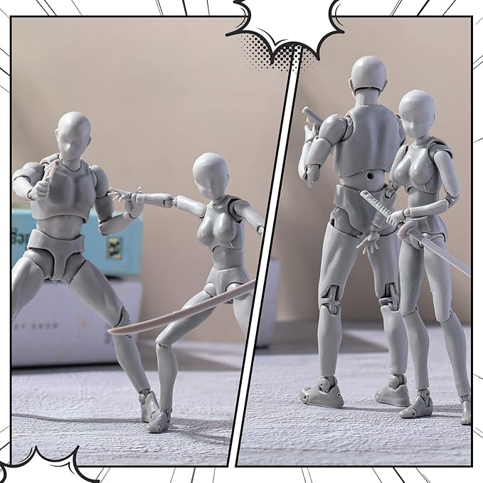Meooeck 4 Sets Action Figures PVC Body Artists Model posable Drawing Mannequin for Painting, Sketching, Collection Gifts, Home Office Desk Decoration(Gray)