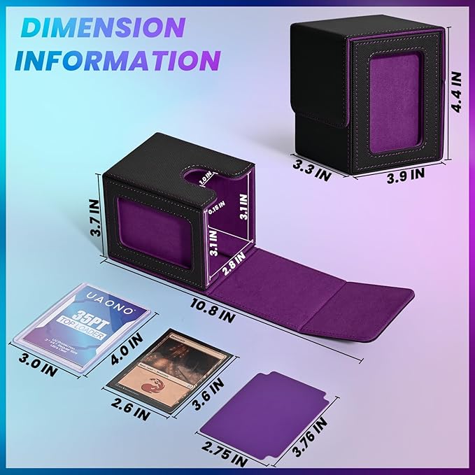 UAONO Card Deck Box with MTG Commander Display, Deck Case Holds 100+ Double-Sleeved Cards, Trading Card Storage Box Fits TCG/PTCG/Sports Card with 2 Dividers, 1 Top Loaders (Black, Purple)
