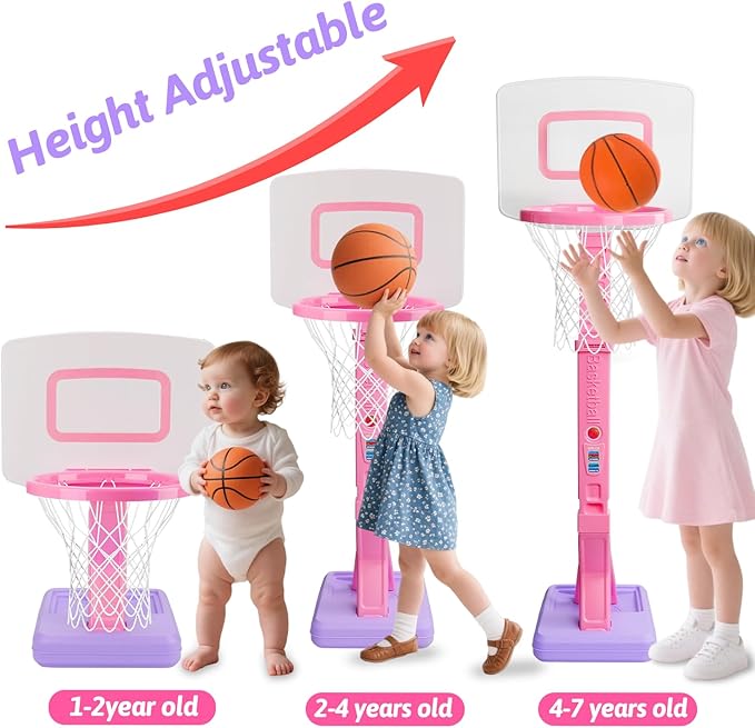 Toddler Girl Basketball Hoop Indoor Pink Adjustable Mini Basketball Goal with Ball Pump for Outdoor Poolside Toys Backyard Game Outside Basketball Toy for Kids Age 3-5 6 7 4-8 Birthday Gift