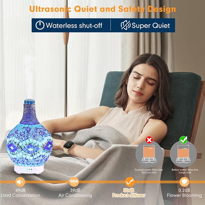 Mosaic Glass Essential Oil Diffuser,Tiffany Aromatherapy Diffuser 100ml Turkish Moroccan Color Changing Aroma Ultrasonic Diffusers Cool Mist Air Diffuser for Sleeping SPA Office Home