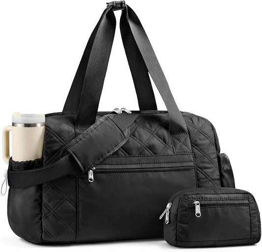 Puffer Gym Bag for Women, Quilted Weekender Bag for Travel, Lightweight Carry on Duffle for Sports Workout Dance Ballet Yoga Gymnastics Hospital with Wet Pocket, Black