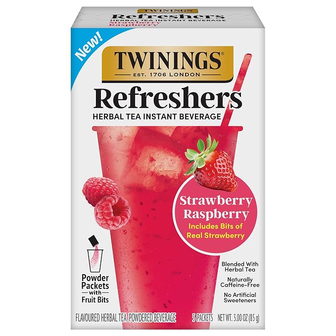 Twinings Strawberry Raspberry Refreshers, Herbal Tea Instant Beverage with Real Strawberry Fruit Bits, 5 Count (Pack of 1), Café Style, No Artificial Sweeteners, Naturally Caffeine-Free, 5 Packets