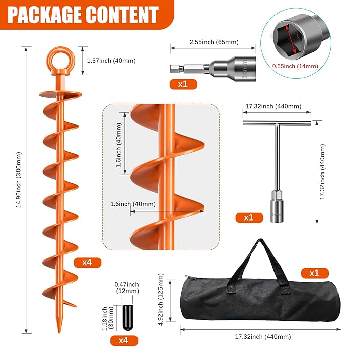 Phopich Ground Anchor Screw in, 4 Pack Spiral Trampoline Anchors with Nut and Tool Swing Set Anchors Tent Stakes High Wind Heavy Duty for Sheds, Carports, Mobile Home Orange