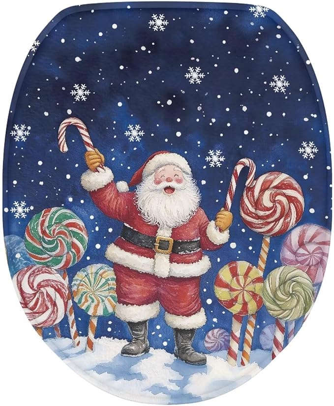 Santa Claus Toilet Tank Cover Replacement Candy Cane Toilet Seat Cover for Motorhome Xmas Decor Bathroom Decoration Accessories Universal Fit Oval