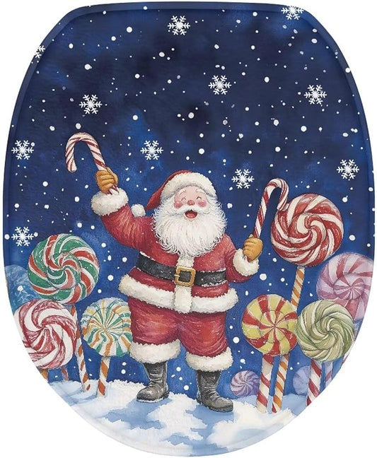 Santa Claus Toilet Tank Cover Replacement Candy Cane Toilet Seat Cover for Motorhome Xmas Decor Bathroom Decoration Accessories Universal Fit Oval