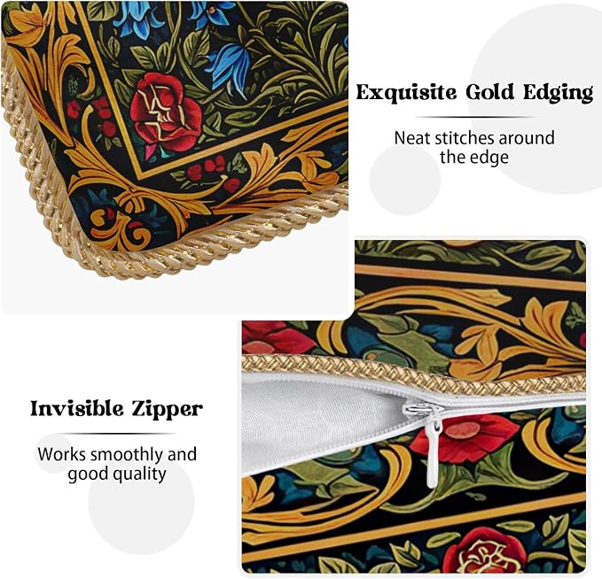 Vintage Floral Leaves Velvet Pillow Covers 18x18 Inch Tapestry Art Red Blue Flowers Bird Throw Pillows For Couch Cushion Covers Pillowcase European French Country Pillow Cases for Sofa Bed Bedroom